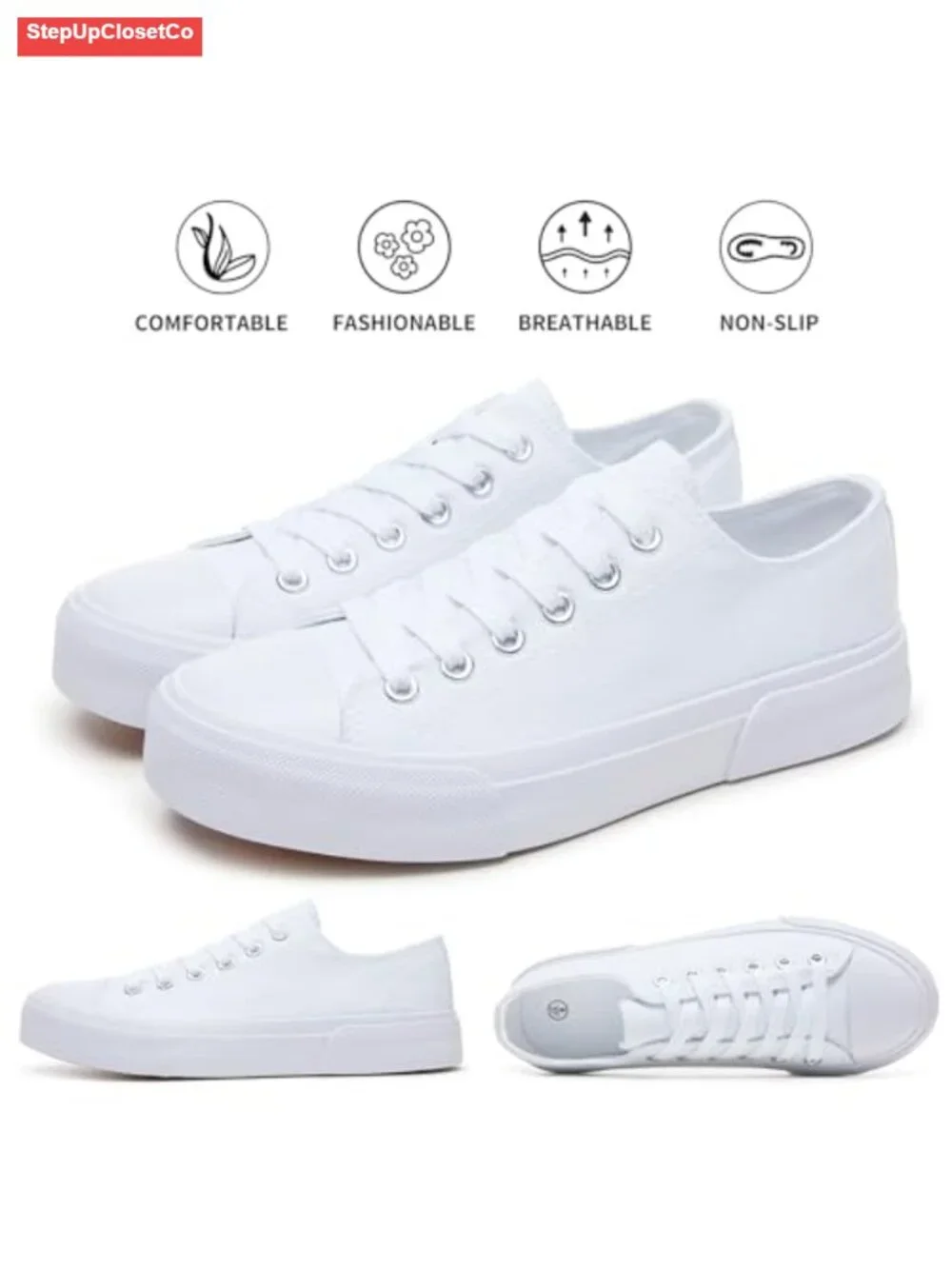 Classic Low Top Canvas Sneakers for Women, Breathable Lace Up Shoes, Slip On